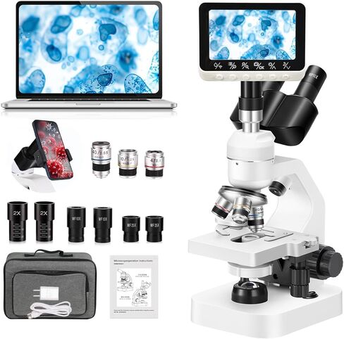 مجهر ثلاثي العينيات تكبير 40x-2000x مرحلة مزدوجة الطبقة مع أضواء LED في الأعلى والأسفل، مقابض تركيز مزدوجة سميكة ورقيقة، مجهر بيولوجي احترافي (شاشة 4.3 بوصة) in Kuwait