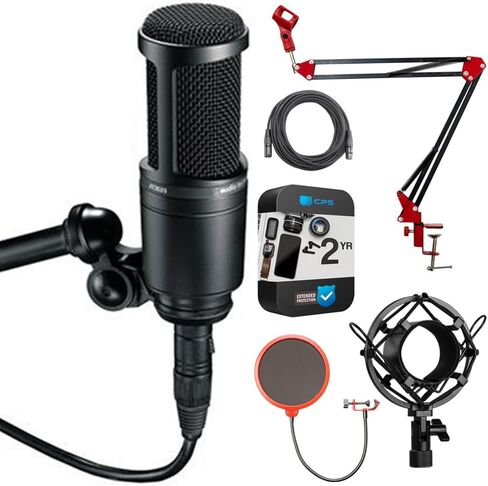 حزمة ميكروفون ستوديو مكثف للقلب والعنوان الجانبي من Audio-Technica AT2020 مع حزمة حماية محسنة CPS لمدة عامين، وحامل صدمات معدني، وفلتر بوب، وحامل ذراع تعليق وكابل XLR بطول 25 قدمًا in Saudi Arabia