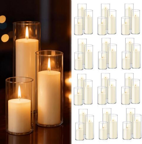 12 PCS White Pillar Candles with Glass Candle Holders Clear Hurricane Candle Holders Glass Cylinder Vases for Centerpieces Wedding Party, Event, Home Office in Saudi Arabia
