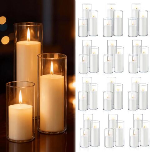 12 PCS White Pillar Candles with Glass Candle Holders Clear Hurricane Candle Holders Glass Cylinder Vases for Centerpieces Wedding Party, Event, Home Office in Saudi Arabia