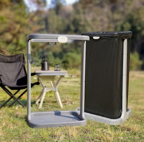 حامل أكياس القمامة القابل للطي في الهواء الطلق من MRBIN، حامل منظم أوراق التخييم قابل للطي ومحمول للمطبخ، RV، الباب الخلفي، الحفلات، الحديقة، تحت المغسلة، يتضمن تثبيتًا آمنًا على الأرض، رمادي in Kuwait