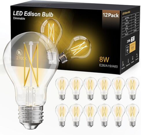 DAYBETTER 12 Pack A19 Vintage LED Edison Bulbs, 60W Equivalent, Dimmable, High Brightness 2700K Warm White, 800 Lumens, 8W E26 Standard Base, CRI80+, Clear Glass Filament Bulb for Living Room in Saudi Arabia