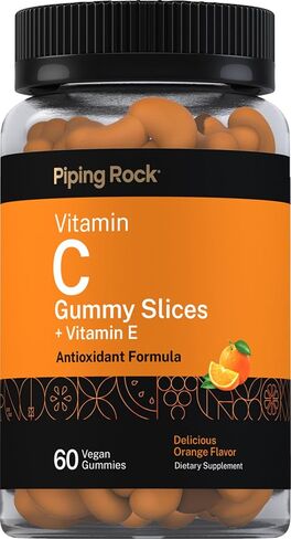 Piping Rock Vitamin C Gummies | 60 Count | Orange Flavor | with Vitamin E | Vegan, Non-GMO, and Gluten Free Supplement in Saudi Arabia
