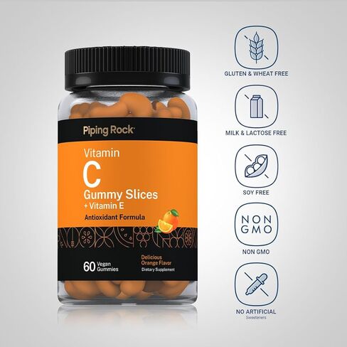 Piping Rock Vitamin C Gummies | 60 Count | Orange Flavor | with Vitamin E | Vegan, Non-GMO, and Gluten Free Supplement in Saudi Arabia