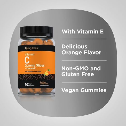 Piping Rock Vitamin C Gummies | 60 Count | Orange Flavor | with Vitamin E | Vegan, Non-GMO, and Gluten Free Supplement in Saudi Arabia