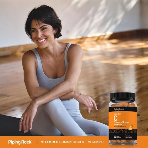 Piping Rock Vitamin C Gummies | 60 Count | Orange Flavor | with Vitamin E | Vegan, Non-GMO, and Gluten Free Supplement in Saudi Arabia