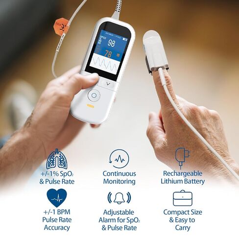 مقياس التأكسج النبضي الطبي للبالغين - مراقبة مستمرة، منبه SpO2 ومنبه النبض قابل للتعديل، مقياس التأكسج المحمول القابل لإعادة الشحن، مقياس التأكسج الاحترافي، إمكانية تتبع البيانات، إنذار فوري in Kuwait