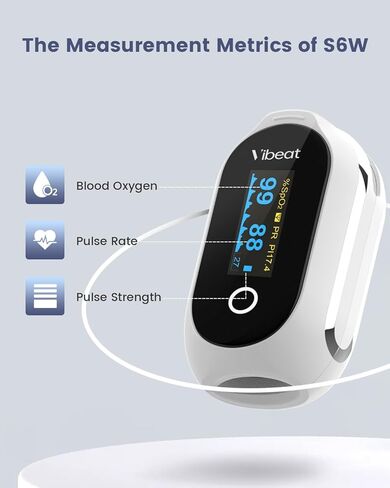 مقياس التأكسج النبضي القابل لإعادة الشحن، إصبع شاشة Vibeat S6W Bluetooth O2 مع تشبع الأكسجين في الدم في الوقت الحقيقي وتتبع معدل ضربات القلب، وشملت البطاريات والحبل in Kuwait