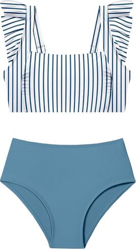 Girls 2 Piece Swimsuit Square Neck Ruched Ruffle Trim Bikini Sets Adjustable Straps Bathing Suit for Teen Girls 9-16Y in Saudi Arabia