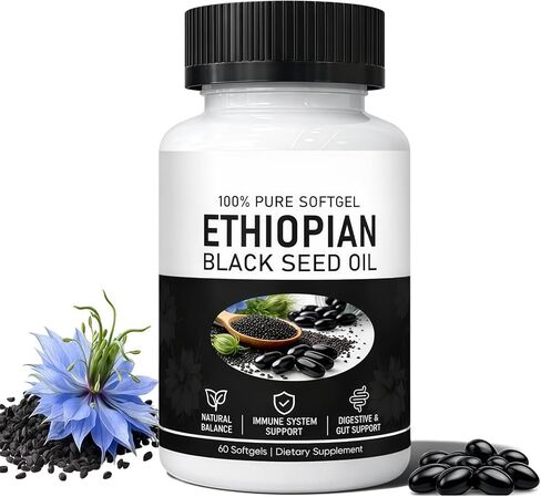 Ethiopian Black Seed Oil, Cold-Pressed from Pure Black Cumin Seeds, Rich in Thymoquinone, Non-GMO, Gluten-Free, 60 Softgels in Kuwait