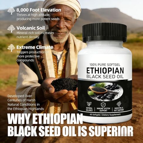 Ethiopian Black Seed Oil, Cold-Pressed from Pure Black Cumin Seeds, Rich in Thymoquinone, Non-GMO, Gluten-Free, 60 Softgels in Kuwait