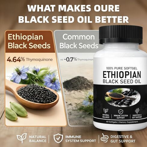 Ethiopian Black Seed Oil, Cold-Pressed from Pure Black Cumin Seeds, Rich in Thymoquinone, Non-GMO, Gluten-Free, 60 Softgels in Kuwait