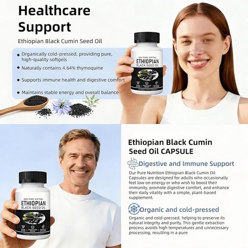Ethiopian Black Seed Oil, Cold-Pressed from Pure Black Cumin Seeds, Rich in Thymoquinone, Non-GMO, Gluten-Free, 60 Softgels in Kuwait