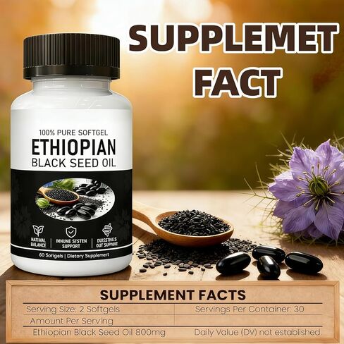Ethiopian Black Seed Oil, Cold-Pressed from Pure Black Cumin Seeds, Rich in Thymoquinone, Non-GMO, Gluten-Free, 60 Softgels in Kuwait