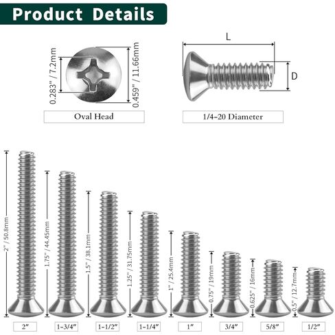 1/4-20 x 2 Machine Screws, 304 Stainless Steel 18-8 Oval Phillips Head Screws for Furniture Assembly Repair DIY, Full Thread, 25-Pack in Saudi Arabia
