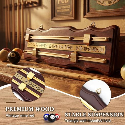 Lewtemi Wooden Billiard Game Scorer 2 Track Wall-Mounted Snooker Billiard Score Board Shuffleboard Scoreboard Classic Snooker Recorder for Pool Table Shuffleboard Games Rooms, Wine Red in Saudi Arabia