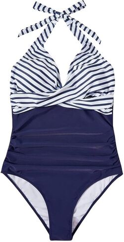 Women's One Piece Swimsuits Tummy Control Front Cross Bathing Suits Slimming V Neck Swimwear(Blue,L) in Saudi Arabia
