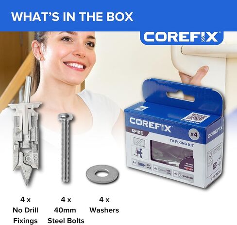 طقم تركيب التلفزيون Corefix Spike مكون من 4 قطع - مثبتات جدارية شديدة التحمل للتركيب على الحائط للتلفزيون ودعامة الحائط. سهل التركيب دون الحاجة إلى مثقاب، مناسب لجميع أنواع الحوائط الجافة in Kuwait