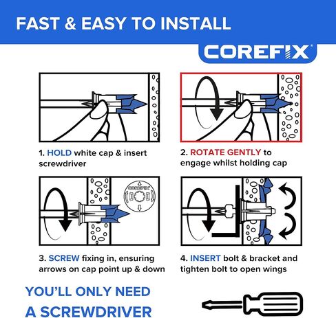 طقم تركيب التلفزيون Corefix Spike مكون من 4 قطع - مثبتات جدارية شديدة التحمل للتركيب على الحائط للتلفزيون ودعامة الحائط. سهل التركيب دون الحاجة إلى مثقاب، مناسب لجميع أنواع الحوائط الجافة in Kuwait