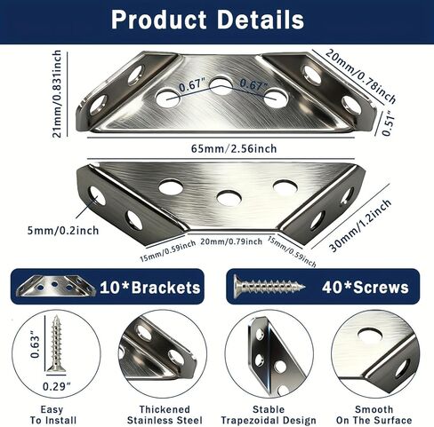 8-Pack Furniture Corner Brackets, Stainless Steel L Brackets with Screws, Heavy Duty Angle Braces for Shelves, Tables, Cabinets, Drawers and Wood Connections in Saudi Arabia