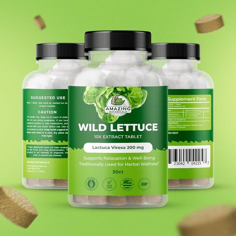 أقراص مستخلص الخس البري من أمازنج بوتانيكالز 10X (60 قرصًا) 2000 مجم لكل منها | لاكتوكا فيروسا | دعم النوم | يساعد على تهدئة الألم بشكل طبيعي - عدد 60 in Kuwait