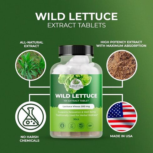 أقراص مستخلص الخس البري من أمازنج بوتانيكالز 10X (60 قرصًا) 2000 مجم لكل منها | لاكتوكا فيروسا | دعم النوم | يساعد على تهدئة الألم بشكل طبيعي - عدد 60 in Kuwait