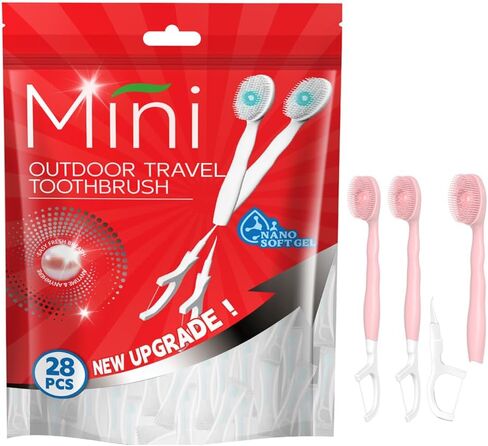 28 عبوة من فرش الأسنان الصغيرة - فرشاة أسنان للاستعمال مرة واحدة مع معجون أسنان + خيط تنظيف الأسنان + اختيار + مكشطة اللسان، حجم مناسب للسفر، ملفوف بشكل فردي، رحلة عمل أو سفر (مزيج من الفلوفر) in Kuwait