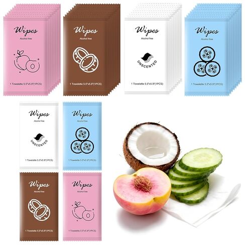 Individual Hand Wipes,Wet Wipes Individually Wrapped Bulk Cleansing Travel Size Wet Wipes for Wedding Travel Restaurant Barbecue(Cucumber, coconut, peach, and unscented,pack of 40) in Kuwait
