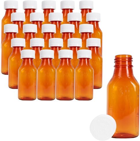 Generic زجاجات طبية سائلة بيضاوية من البلاستيك باللون الكهرماني، 2 أونصة، (25 قطعة)، غطاء / غطاء أمان مقاوم للأطفال، زجاجة توزيع الوصفات الطبية الصيدلانية in Kuwait