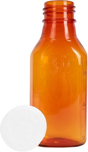 Generic زجاجات طبية سائلة بيضاوية من البلاستيك باللون الكهرماني، 2 أونصة، (25 قطعة)، غطاء / غطاء أمان مقاوم للأطفال، زجاجة توزيع الوصفات الطبية الصيدلانية in Kuwait