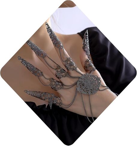 Gothic Bracelets Finger Nails Tip Claw Rings for Women,Women Gothic Halloween Black Punk Finger Rings Chain Bracelets with Ring Goth Hollow Pattern Finger Claws Halloween Cosplay Jewelry in Saudi Arabia