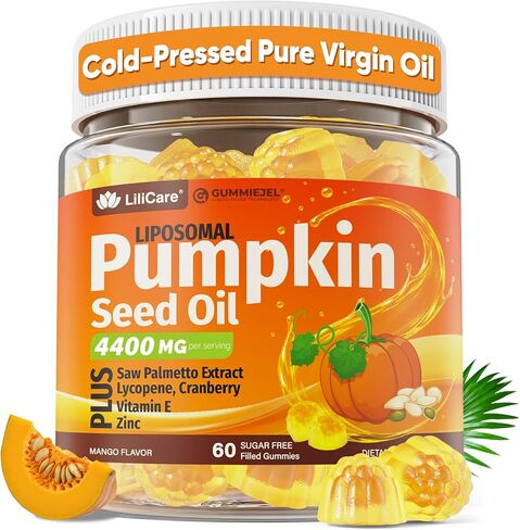 Pumpkin Seed Oil Gummies 4400mg with Saw Palmetto, Cranberry, Lycopene, Vitamin E, Zinc, Cold Pressed, Pure Virgin Pumpkin Seed Oil for Hair Growth, Skin, Urinary, Bladder & Prostate Health, 60 Count in Kuwait