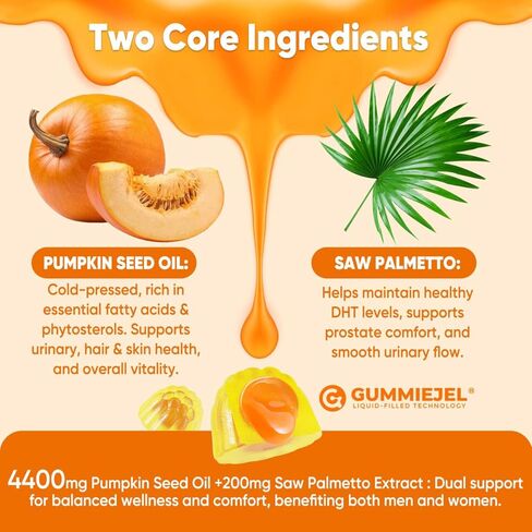 Pumpkin Seed Oil Gummies 4400mg with Saw Palmetto, Cranberry, Lycopene, Vitamin E, Zinc, Cold Pressed, Pure Virgin Pumpkin Seed Oil for Hair Growth, Skin, Urinary, Bladder & Prostate Health, 60 Count in Kuwait
