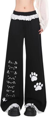 Women's Y2k Harajuku Kawaii Cat Paw Print Lace Trim Sweatpants Coquette Preppy Cute Loose Fit Casual Wide Leg Pants in Kuwait