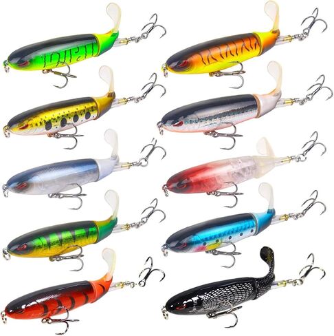 Whopper Fishing Lure for Bass: 10pcs Popper Top Water Fishing Lures with Floating Rotating Tail Barb Treble Hooks Saltwater Freshwater in Saudi Arabia
