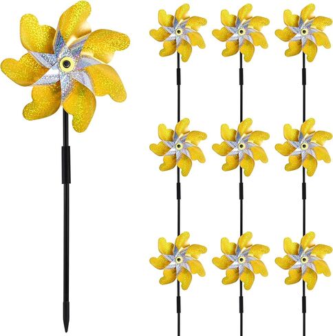 10 Pack Reflective Pinwheels with Plastic Stakes| 19.7 inch Pre-Assembled Sparkle Pin Wheel Set | Scare Off Birds and Animals Away | Decorative for Garden, Yard, Lawn in Saudi Arabia