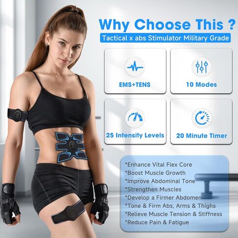 محفز تكتيكي x abs للبطن، محفز العضلات الإلكتروني لوحدة TENS لنمو العضلات، محفز Vital Flex Core Ab محفز عسكري للبطن/الذراع/الساق، جهاز رياضي منزلي للنساء والرجال in Kuwait