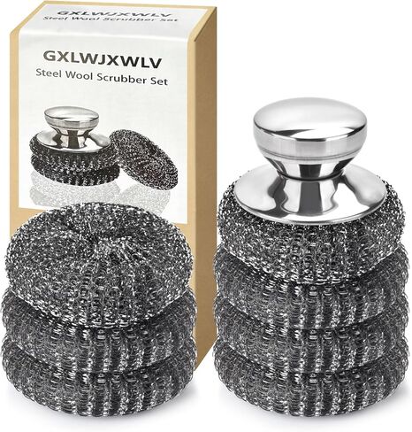 7 قطع وسادات تنظيف من الصوف الفولاذي، مجموعة تنظيف من الفولاذ المقاوم للصدأ مع مقبض قطعة واحدة، أجهزة تنظيف معدنية لتنظيف المطبخ والمنزل، والأطباق، والمواقد، والشواية، وحوض الغسيل، والأواني in Kuwait