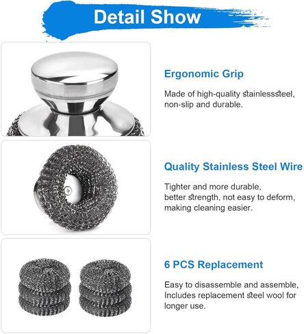 7 قطع وسادات تنظيف من الصوف الفولاذي، مجموعة تنظيف من الفولاذ المقاوم للصدأ مع مقبض قطعة واحدة، أجهزة تنظيف معدنية لتنظيف المطبخ والمنزل، والأطباق، والمواقد، والشواية، وحوض الغسيل، والأواني in Kuwait