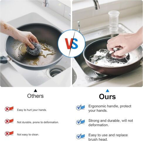 7 قطع وسادات تنظيف من الصوف الفولاذي، مجموعة تنظيف من الفولاذ المقاوم للصدأ مع مقبض قطعة واحدة، أجهزة تنظيف معدنية لتنظيف المطبخ والمنزل، والأطباق، والمواقد، والشواية، وحوض الغسيل، والأواني in Kuwait