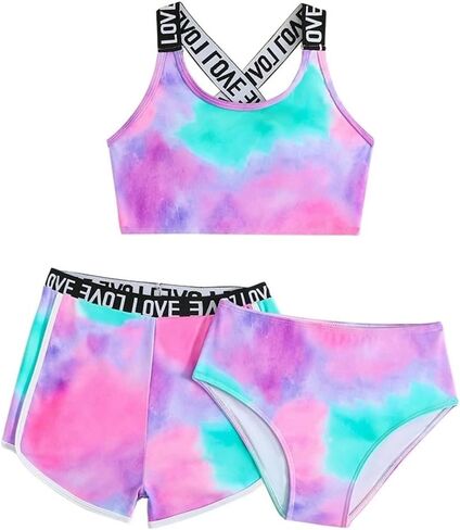 Girl's 3 Piece Bikini Bathing Suit Tie Dye Swimsuits with Shorts Cove Up Sets Beach Tankini Sets 8-12 Years in Saudi Arabia