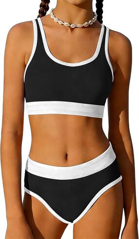 Girls Bikini Color-Block Adjustable Straps Bikini Girls Sets Two Piece Bathing Suit with Chest Pad Swimwear 7-18T in Saudi Arabia