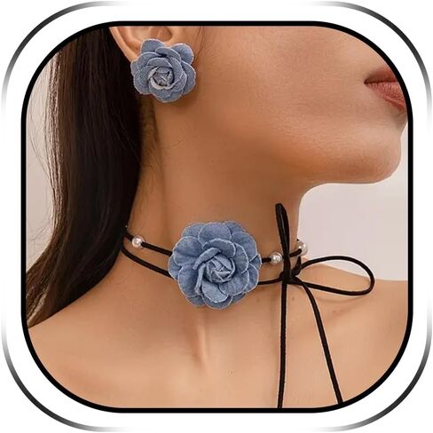 Denim Earrings Floral Choker Necklace Set Blue Flower Jewelry Boho Chic Accessories in Saudi Arabia