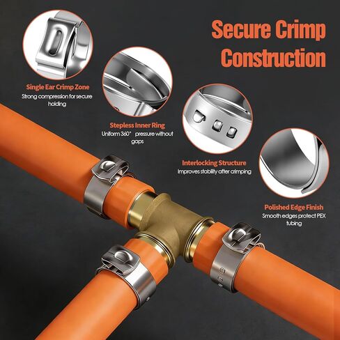 TRILINK 3/8" PEX Crimp Rings 120-Pack, 304 Stainless Steel Single Ear Cinch Clamp Rings, 3/8 Inch Leak-Proof Pinch Clamps Compatible with PEX Tubing & Standard Cinch Tools in Kuwait