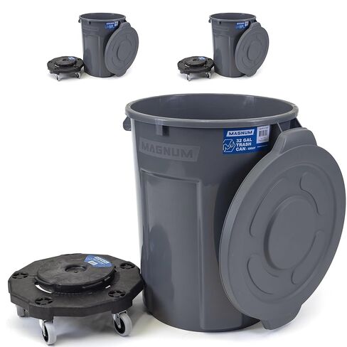 Magnum Gray 32 Gallon Trash Can Set (Trash Can, Quiet Dolly, and Reinforced Lid), Construction Grade, Jobsite Ready, Non-Marking Wheels & Casters for Rolling Garbage CMTC-CLD0-32G01 (1 Set) in Kuwait