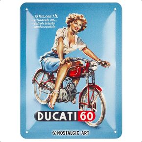 لافتة قصدير كلاسيكية من Nostalgic-Art، 15 × 20 سم، Ducati - Cilindrata 60 Pin Up - فكرة هدية لسائقي الدراجات النارية، منتج ترخيص رسمي (OLP)، مصنوع من المعدن، تصميم عتيق in Kuwait
