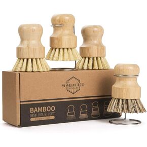 مجموعة فرش أطباق الخيزران من سامبوتيكو مكونة من 6 قطع مع حامل من الفولاذ المقاوم للصدأ سريع الجفاف، 3 × فرشاة بشعيرات السيزال الطبيعية و1 × فرش تنظيف المطبخ بشعيرات النخيل للأطباق والأواني والمقالي والمغسلة in Kuwait