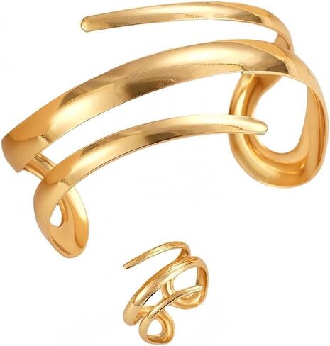 MIFYNN Chunky Gold Bangle Bracelets for Women Trendy Wide Cuff Bangles Bracelet and Ring set Open Non Tarnish Rings Stack Wrap Bracelet Dainty Snake Jewelry set for Mother's Day Wedding Birthdays in Saudi Arabia