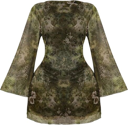 Women's Plus Size Sheer Mesh Mini Dresses Long Bell Sleeve Wedding Guest Dresses Lettuce Trim Going Out Dresses in Saudi Arabia