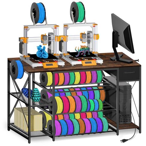 حامل طابعة ثلاثية الأبعاد مع محطة شحن، طاولة طابعة ثلاثية الأبعاد كبيرة بأربعة طبقات مع درج لتخزين الشعيرات ودرج تخزين، رف خيوط، مكتب طابعة ثلاثي الأبعاد عالي التحمل لورشة العمل والمكتب والجراج، بني in Kuwait